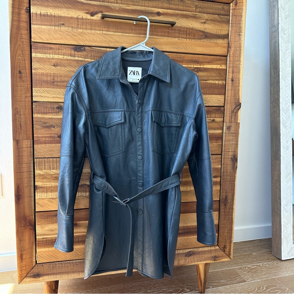 Zara Navy Leather Shirt Jacket with Belt | Size Small
